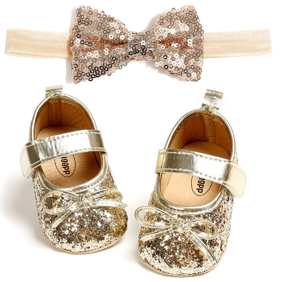 Baby shoes soft sole non-slip toddler shoes 2-piece headband Gold 0 - Tophatter Daily Deals