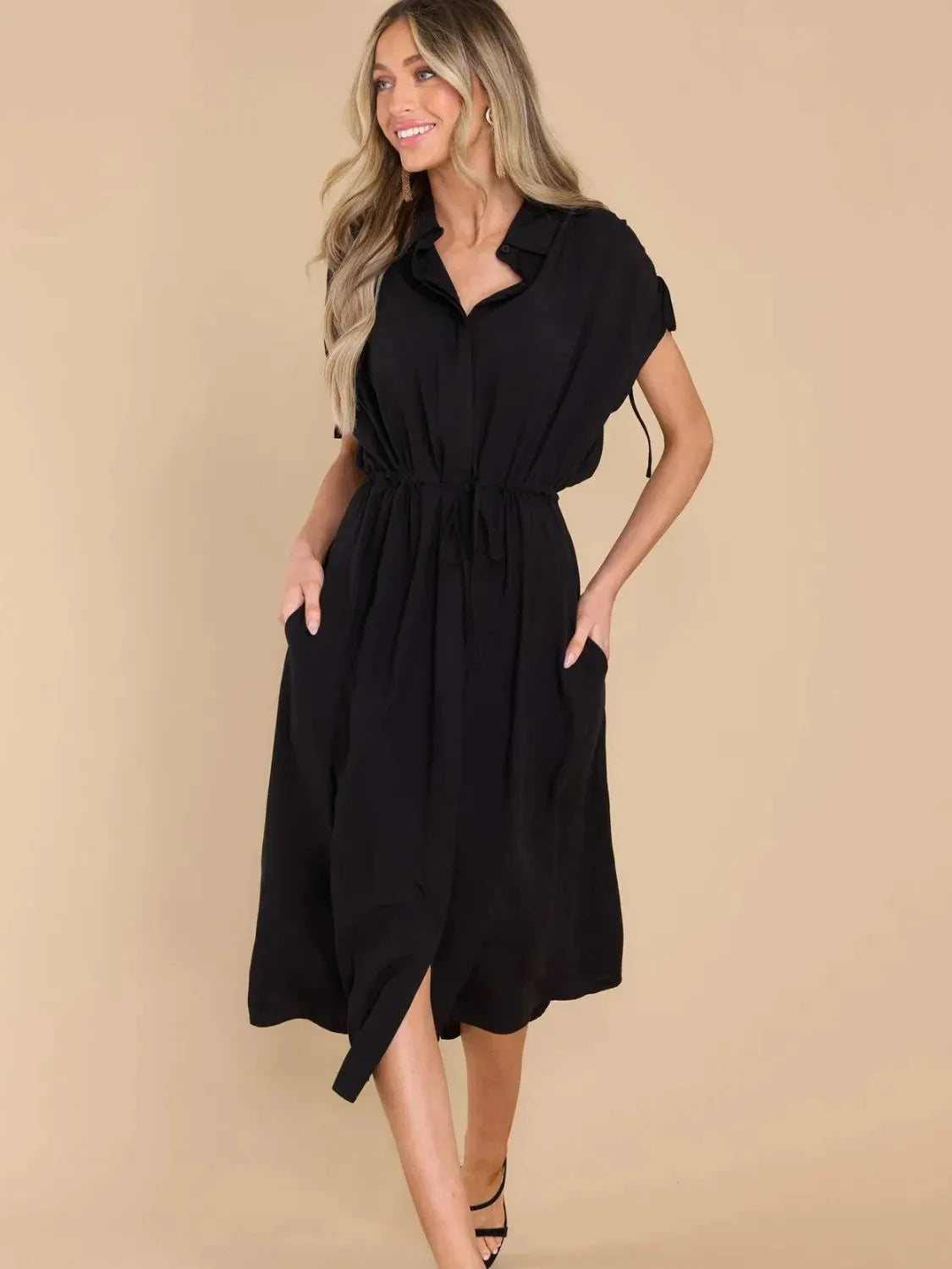 Drawstring Collared Neck Short Sleeve Midi Dress Black Casual Dresses - Tophatter Daily Deals