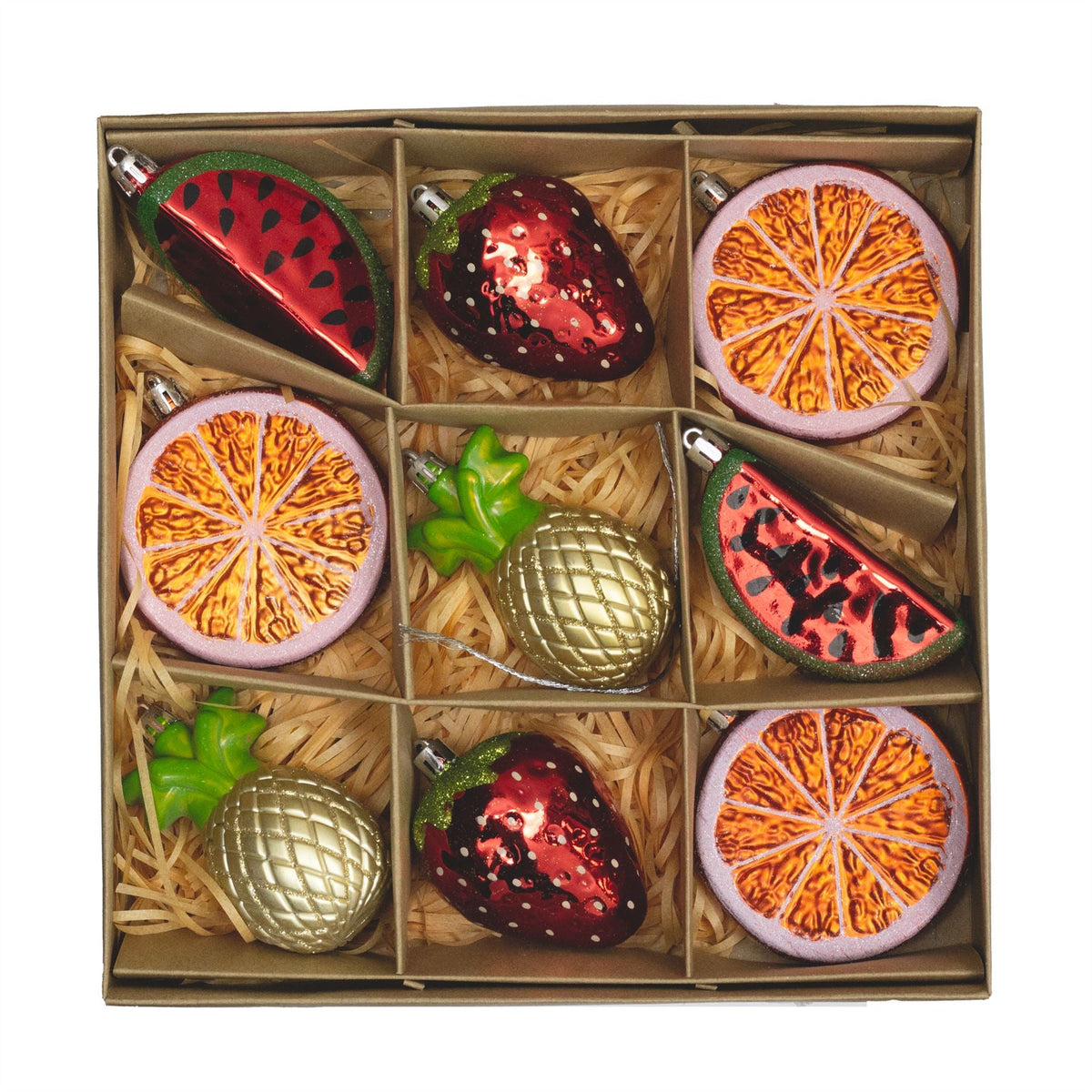 Set of 9 Fruit-Themed Christmas Tree Ornaments | Fruit Hanging Decorations Baubles - Tophatter Daily Deals