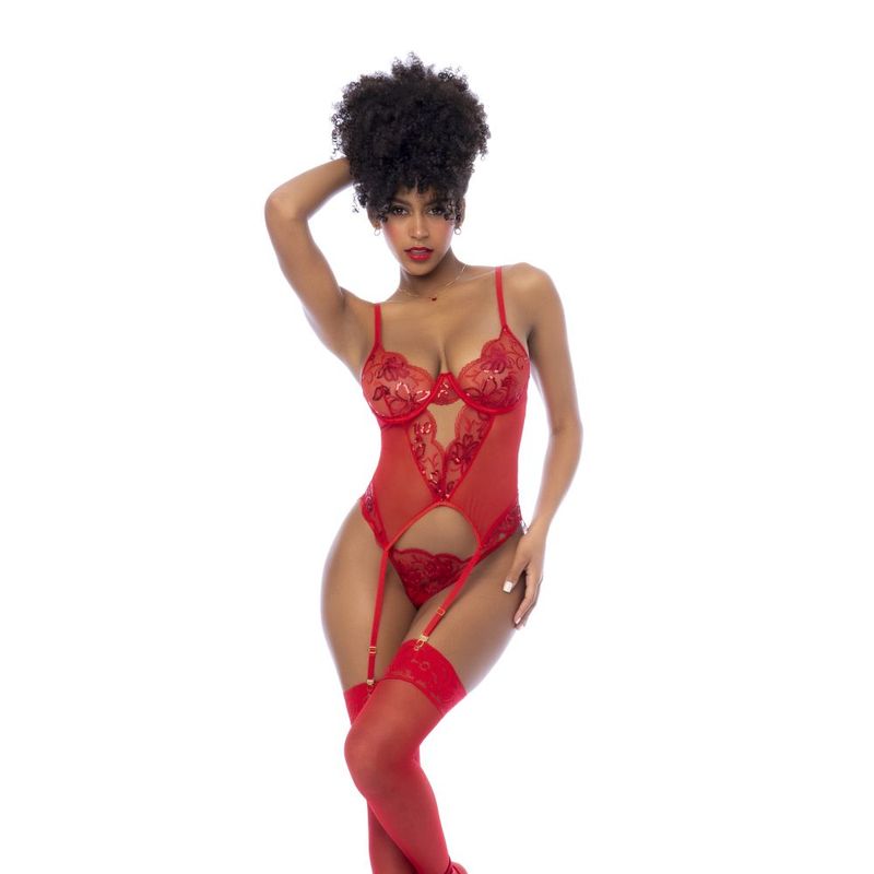 Red Sequin Embroidered Mesh Bustier Two-Piece Set with Matching Thong – Lingerie > Clothes > Bra Sets - Tophatter Daily Deals