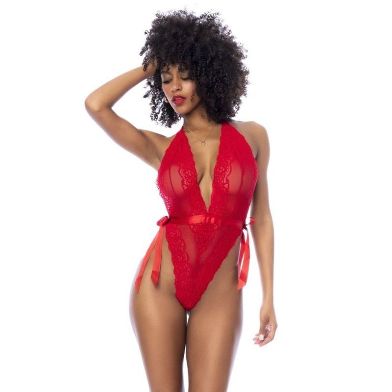 Red Lace Bodysuit with Side Ties > Clothes > Bodies and Playsuits - Tophatter Daily Deals