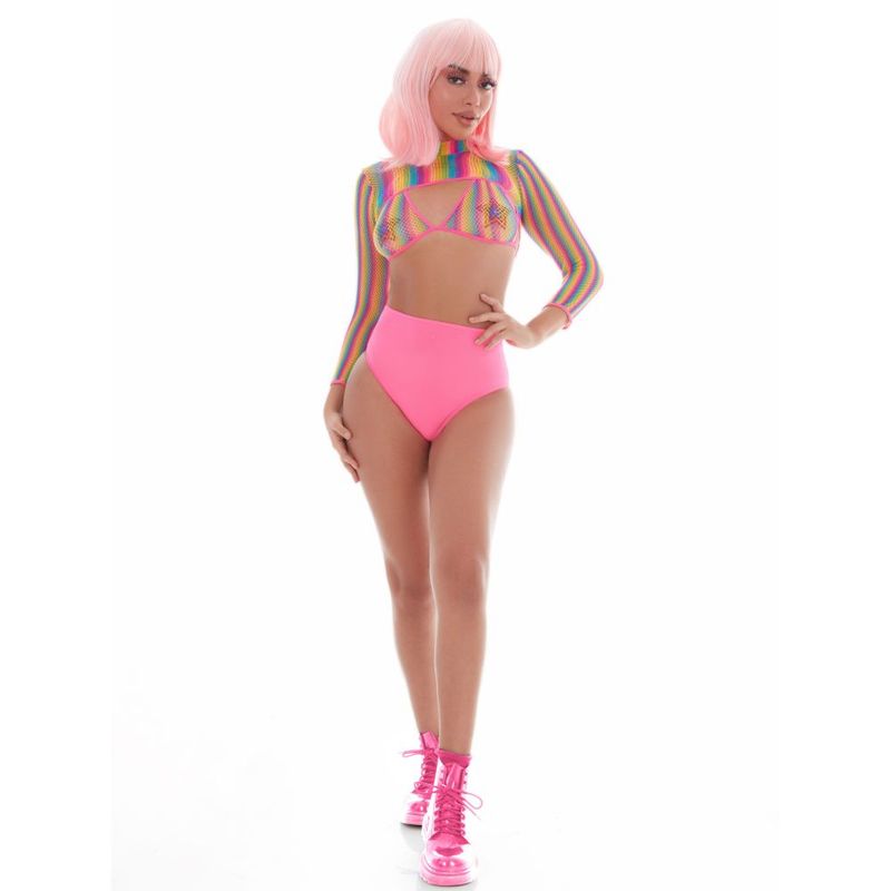 Rainbow Shrug Bikini Top Hot Pants Net Set with Pasties for Festivals and Raves > Clothes > Costumes > Womens - Tophatter Daily Deals