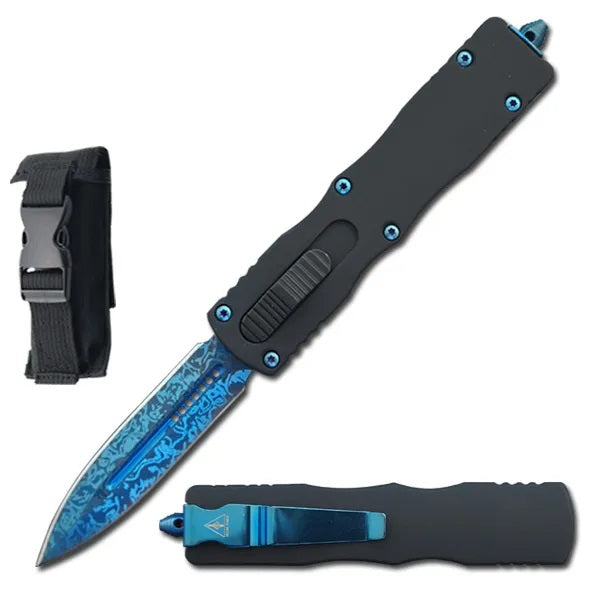 7.5" Blue Damascus Etched Death Stalker OTF Knife - Tophatter's Guns'N'Weapons Store Collectible Weapons - Tophatter Daily Deals