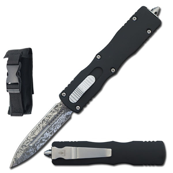 7.5" Damascus Etched Death Stalker OTF Knife - Tophatter's Army Products & Self Defense Collectible Weapons - Tophatter Daily Deals