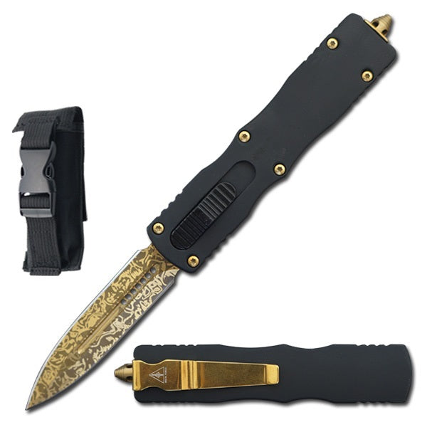 7.5" Golden Damascus Etched Death Stalker OTF Knife - Tophatter's Inc. Weapons Store Online Collectible Weapons - Tophatter Daily Deals