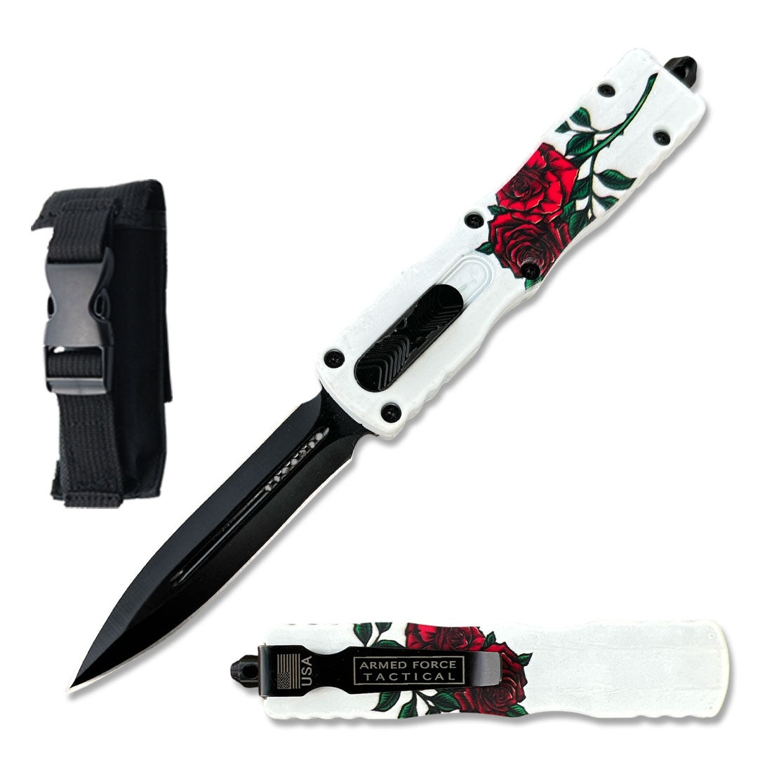 7" White Rose Death Stalker Automatic Dual Action Out The Front Knife Collectible Weapons - Tophatter Daily Deals