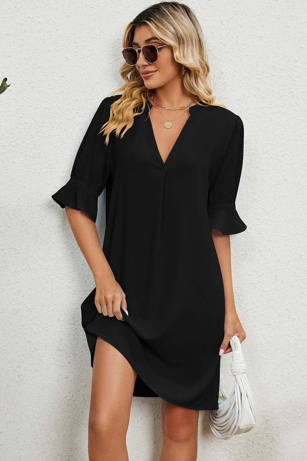 Notched Flounce Sleeve Mini Dress Casual Dresses - Tophatter Daily Deals