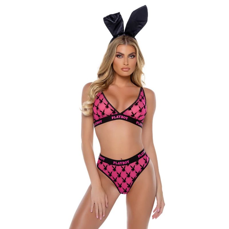 Playboy Flocked Bunny Lingerie Set (Black) – Soft-Cut Bralette and High-Rise Thong Lingerie > Clothes > Bra Sets - Tophatter Daily Deals