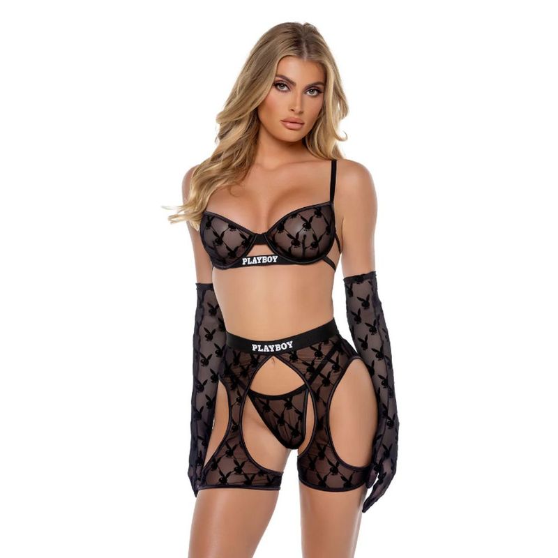 Playboy Flocked Bunny Chaps 3-Piece Set (Black) – Lingerie > Clothes > Lingerie Sets - Tophatter Daily Deals