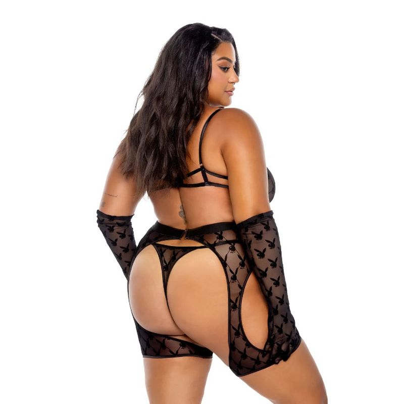 Playboy Flocked Bunny Chaps 3-Piece Set (Black) – Lingerie > Clothes > Lingerie Sets - Tophatter Daily Deals