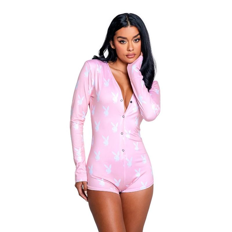 Playboy Slumber Bunny Romper (Pink) – Long Sleeve Cotton Blend Romper > Clothes > Womens Robes & Sleepwear - Tophatter Daily Deals