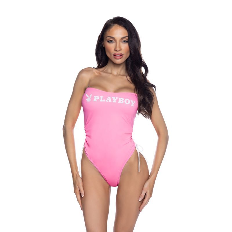 Playboy Pink One-Piece Swimsuit with Ruched Side Ties and Removable Straps > Clothes > Womens > Swimwear - Tophatter Daily Deals