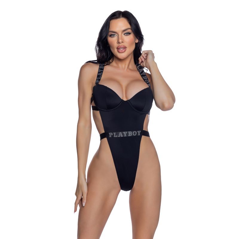 Playboy High-Leg Bodysuit with Rhinestone Logo – One-Piece Swimsuit > Clothes > Womens > Swimwear - Tophatter Daily Deals