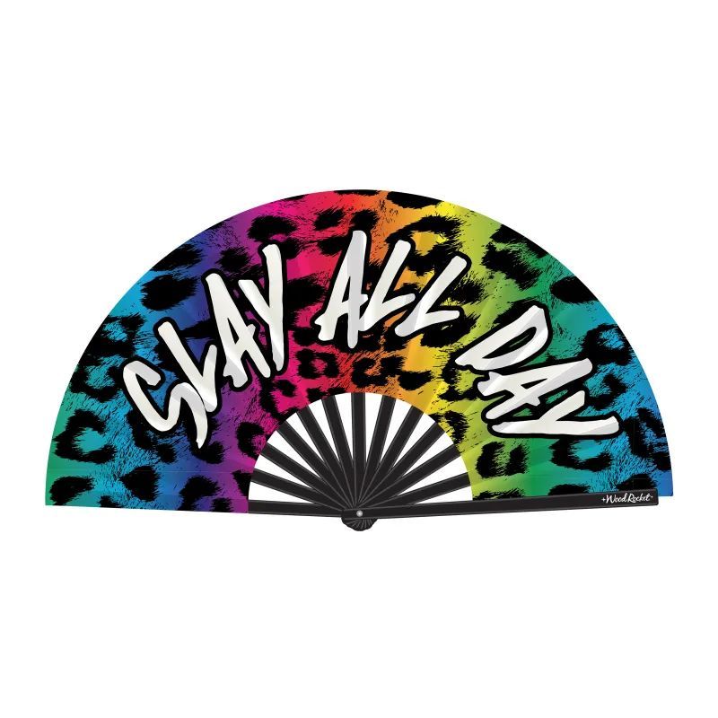 Slay All Day (Rainbow Leopard Print) Large Folding Hand Fan – Glossy Bamboo and Satin Fan > Clothes > Accessories - Tophatter Daily Deals