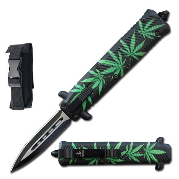 7" Cannabis Marijuana Leaf Stiletto OTF Knife - TOPHATTER'S ARMORY DEALS Collectible Weapons - Tophatter Daily Deals