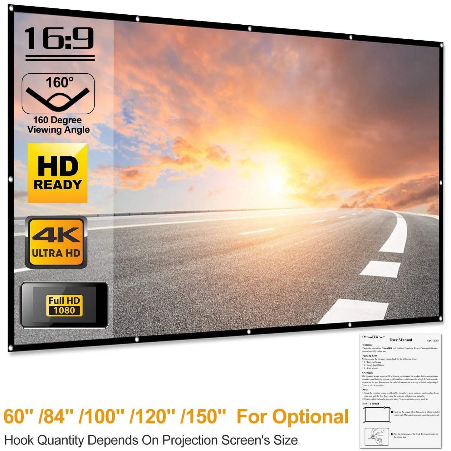 16:9 Foldable Projector Screen Anti-Crease Wall Mounted TV & Video - Tophatter Daily Deals