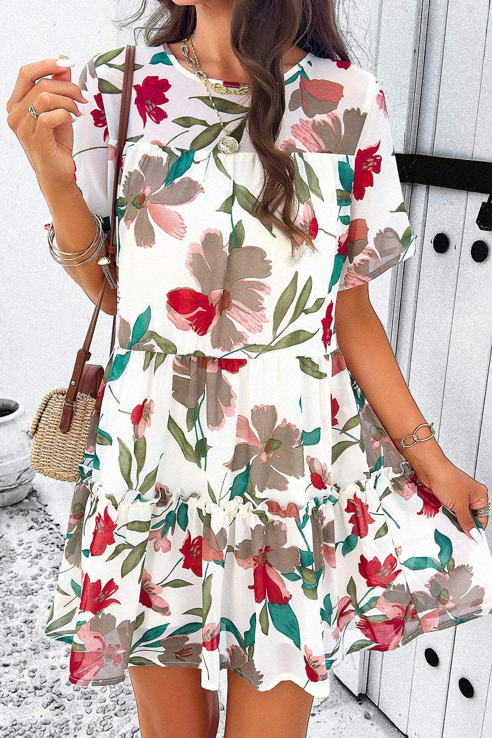 Printed Tiered Round Neck Mini Dress White Casual Dresses - Tophatter Daily Deals