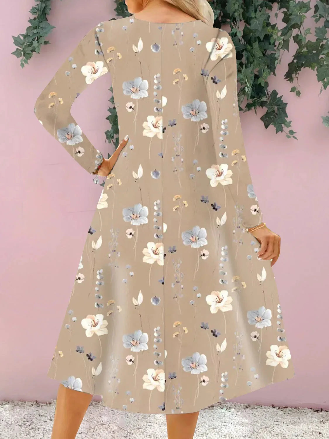 Floral Notched Long Sleeve Midi Dress Casual Dresses - Tophatter Daily Deals
