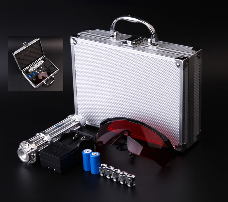 Blue Gatling Burning Laser Pointer Adjustable Visible Beam Dot Light Silver Box set - Tophatter Daily Deals