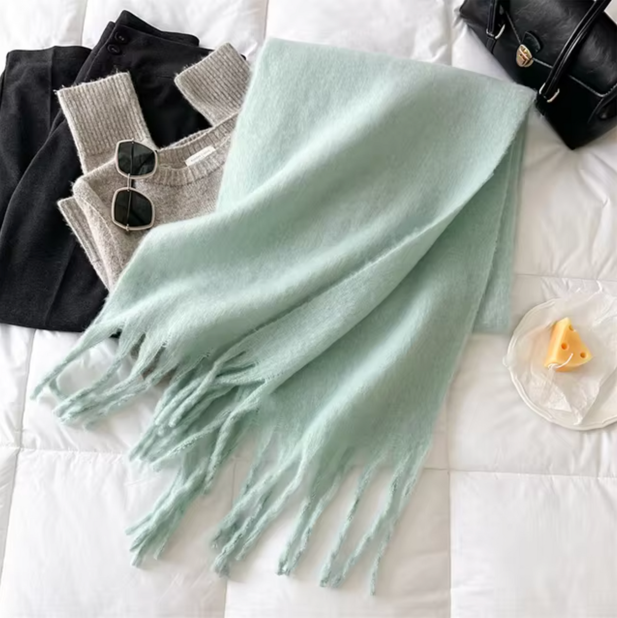 Warm Cozy Womens Winter Scarf - Blanket Fringe Plush Mint green One Size - Tophatter Daily Deals