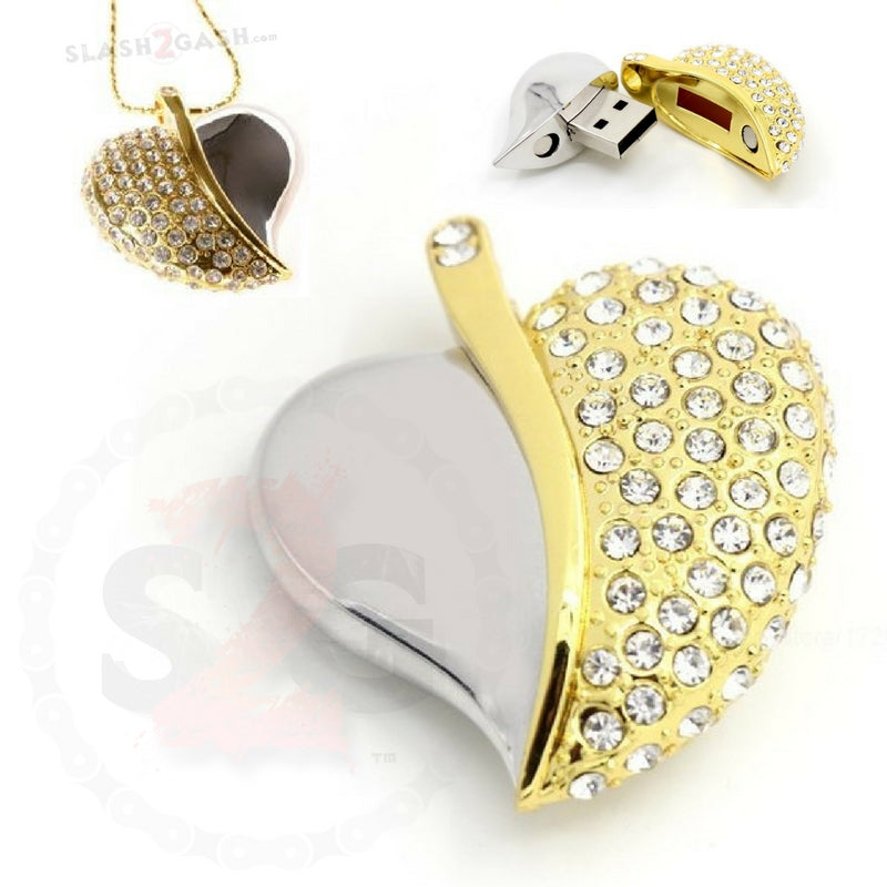 Crystal Necklace Heart USB Flash Drive 2.0 Gold Pendant Charm 16gb USB Flash Drive - Tophatter Daily Deals