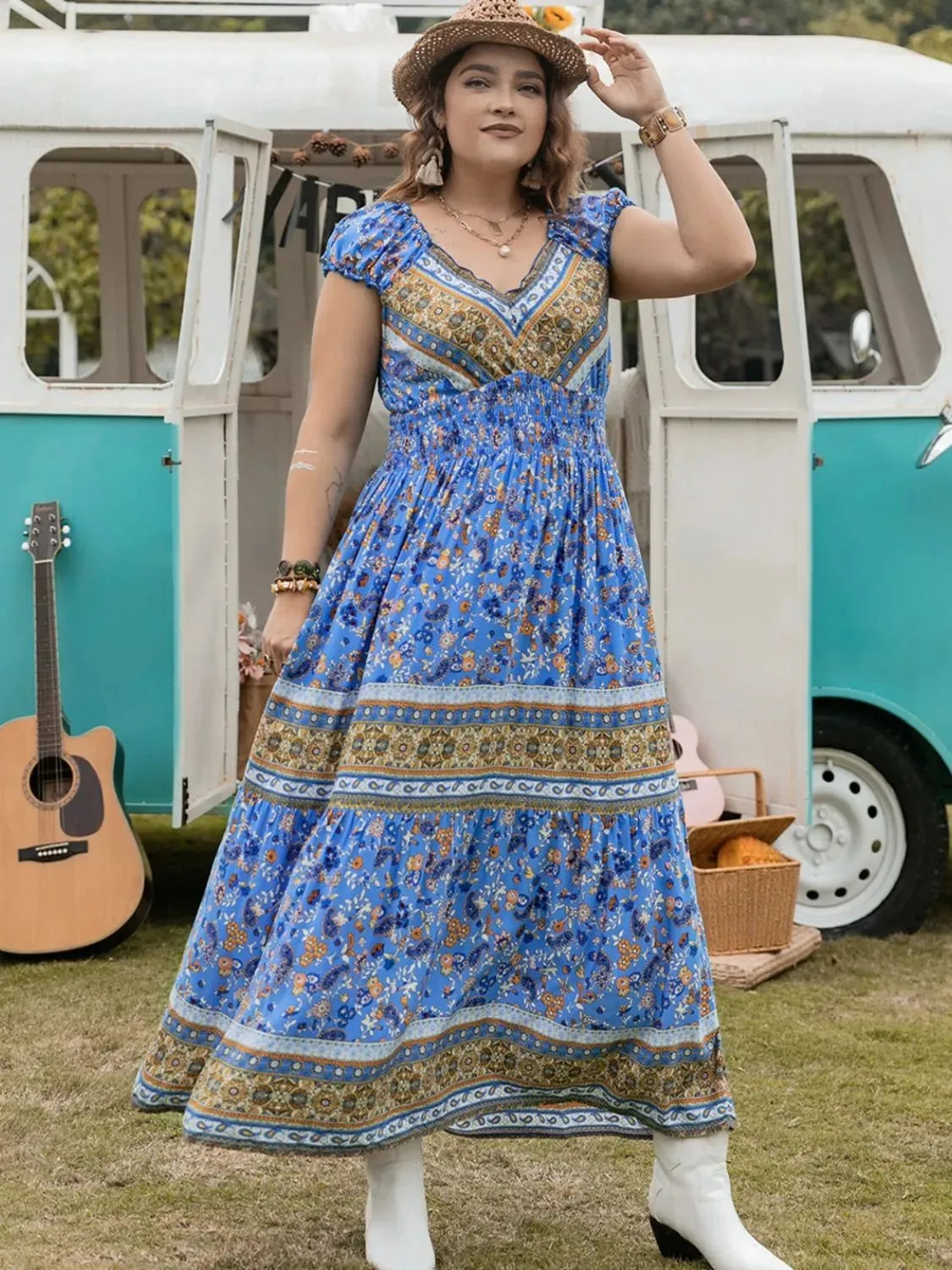 Plus Size Smocked Printed Cap Sleeve Dress Casual Dresses - Tophatter Daily Deals