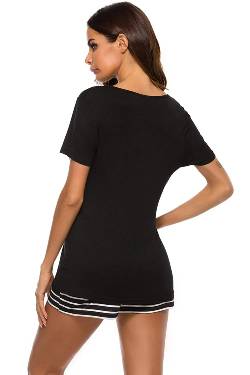 Graphic Round Neck Top and Striped Shorts Lounge Set Loungewear Sets - Tophatter Daily Deals