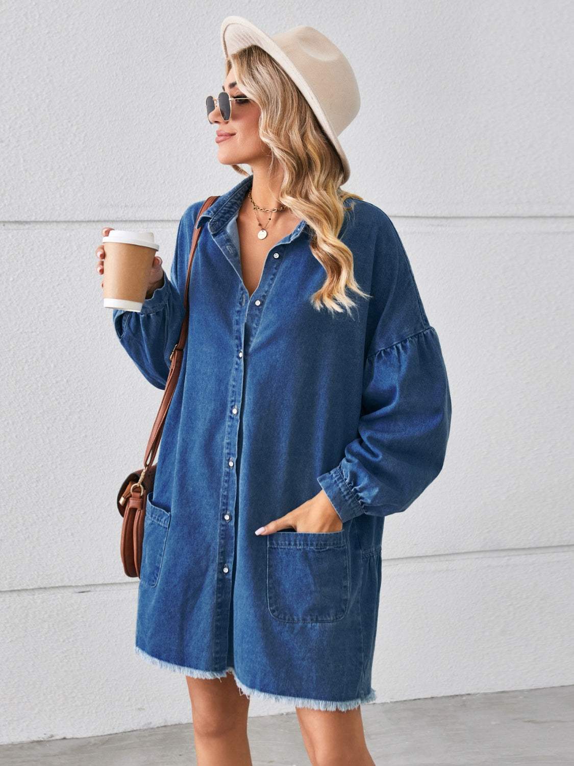 Button Up Pocketed Raw Hem Denim Dress Casual Dresses - Tophatter Daily Deals