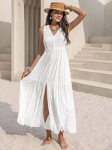 Slit V-Neck Sleeveless Dress White Casual Dresses - Tophatter Daily Deals