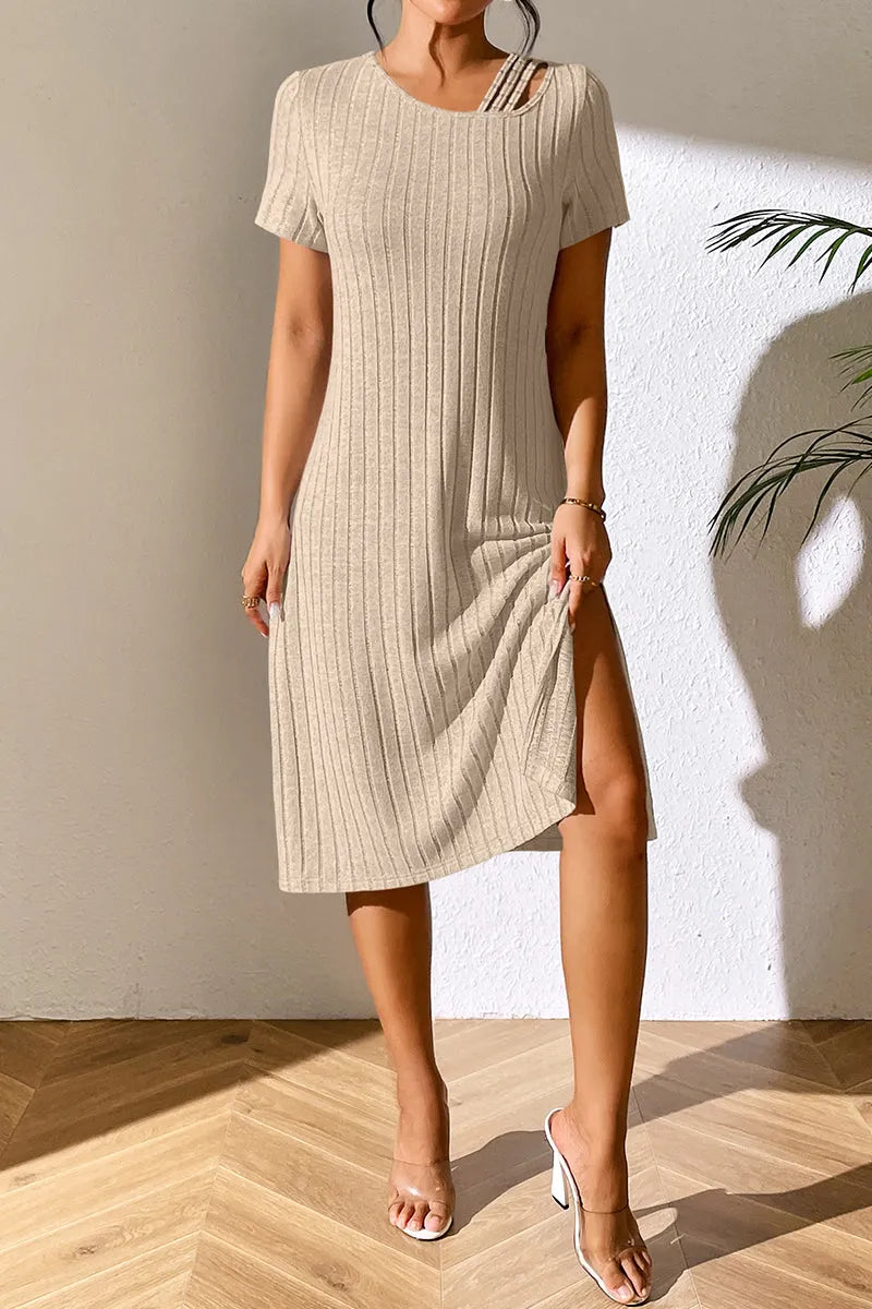 Ribbed Asymmetrical Neck Short Sleeve Dress Casual Dresses - Tophatter Daily Deals