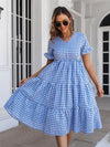 Plaid V-Neck Short Sleeve Midi Dress Casual Dresses - Tophatter Daily Deals