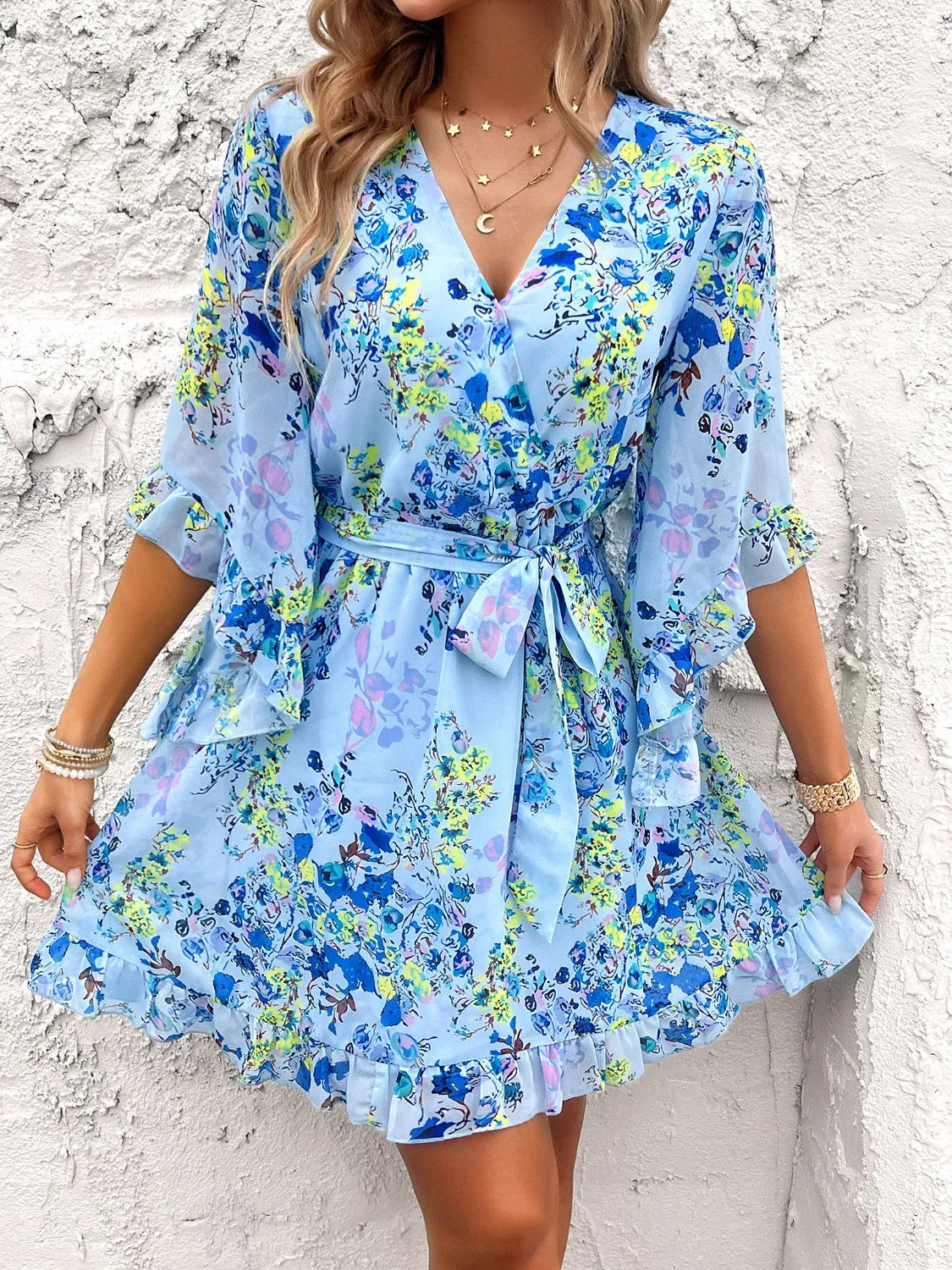 Ruffled Printed Surplice Half Sleeve Mini Dress Light Blue Casual Dresses - Tophatter Daily Deals