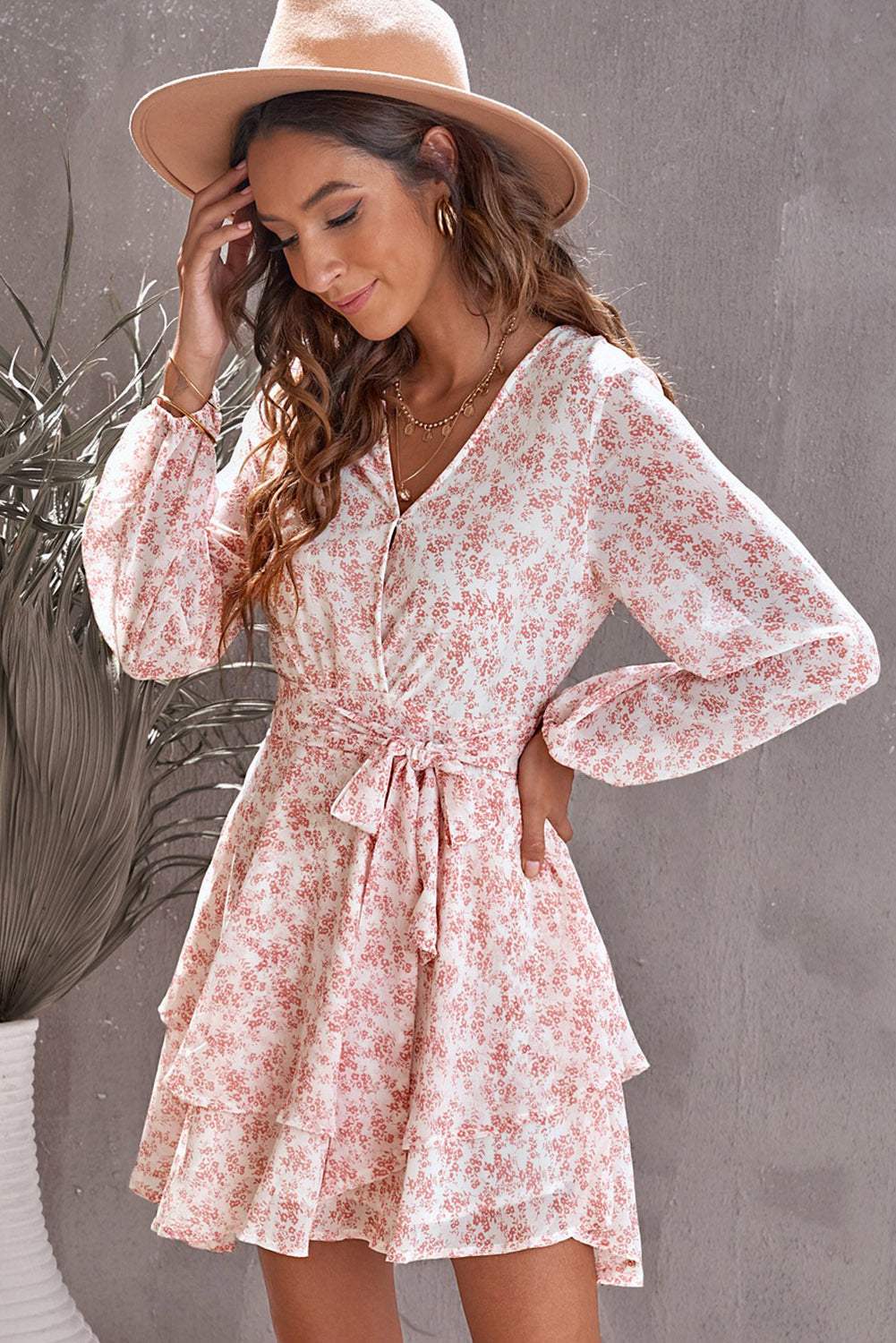 Floral Surplice Balloon Sleeve Layered Dress Casual Dresses - Tophatter Daily Deals