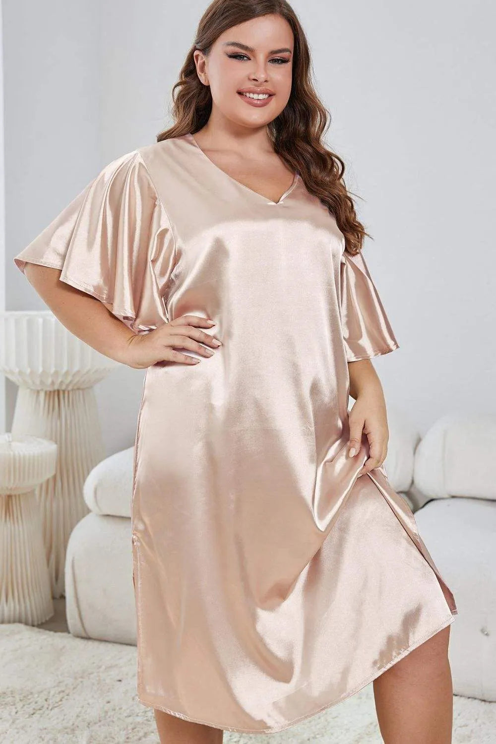 Plus Size Flutter Sleeve V-Neck Side Slit Night Gown Blush Pink Sleep Dresses - Tophatter Daily Deals