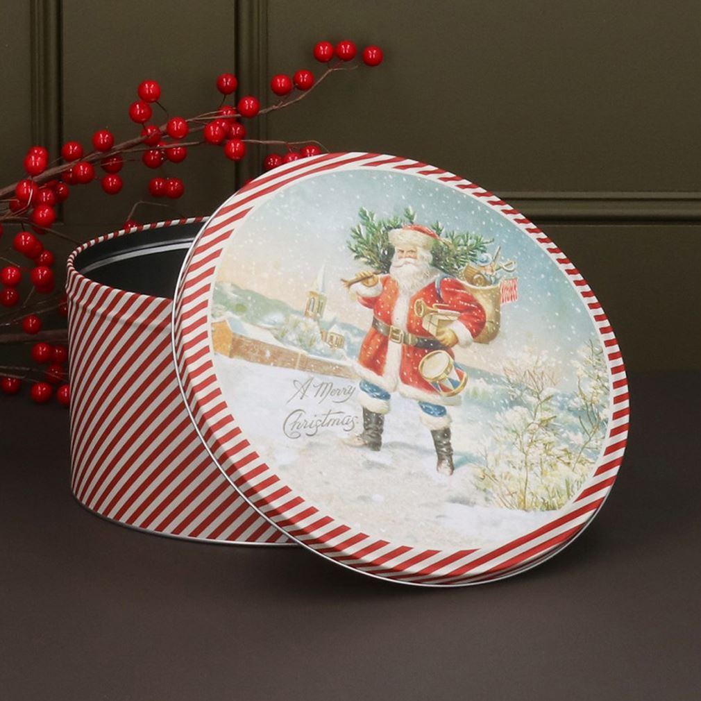 Nostalgic Santa Christmas Cake Tin | Festive Round Kitchen Storage Tin - 23x12cm Tin - Tophatter Daily Deals