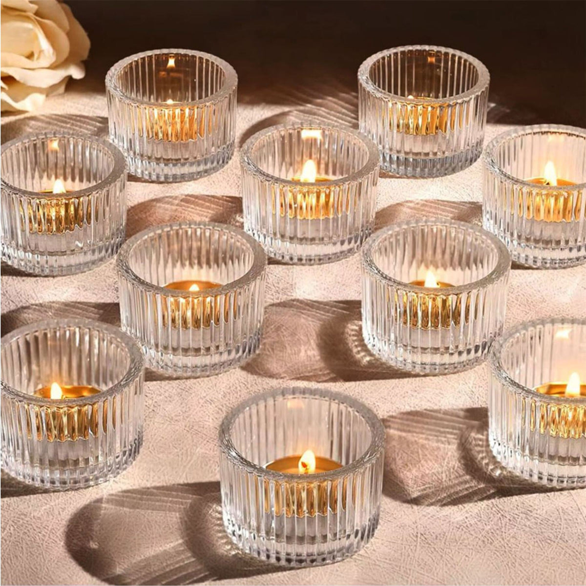 Set of 2 Ribbed Tea Light Candle Holders | Clear Glass Tealight Candle Holders Candle Holder - Tophatter Daily Deals