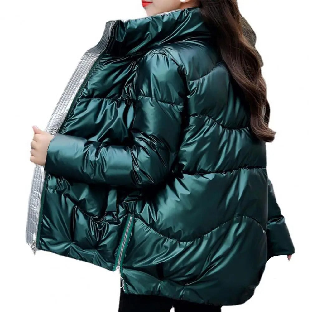 Warm Women’s Puffer Jacket - Cozy Glossy Shell, City Green - Tophatter Daily Deals