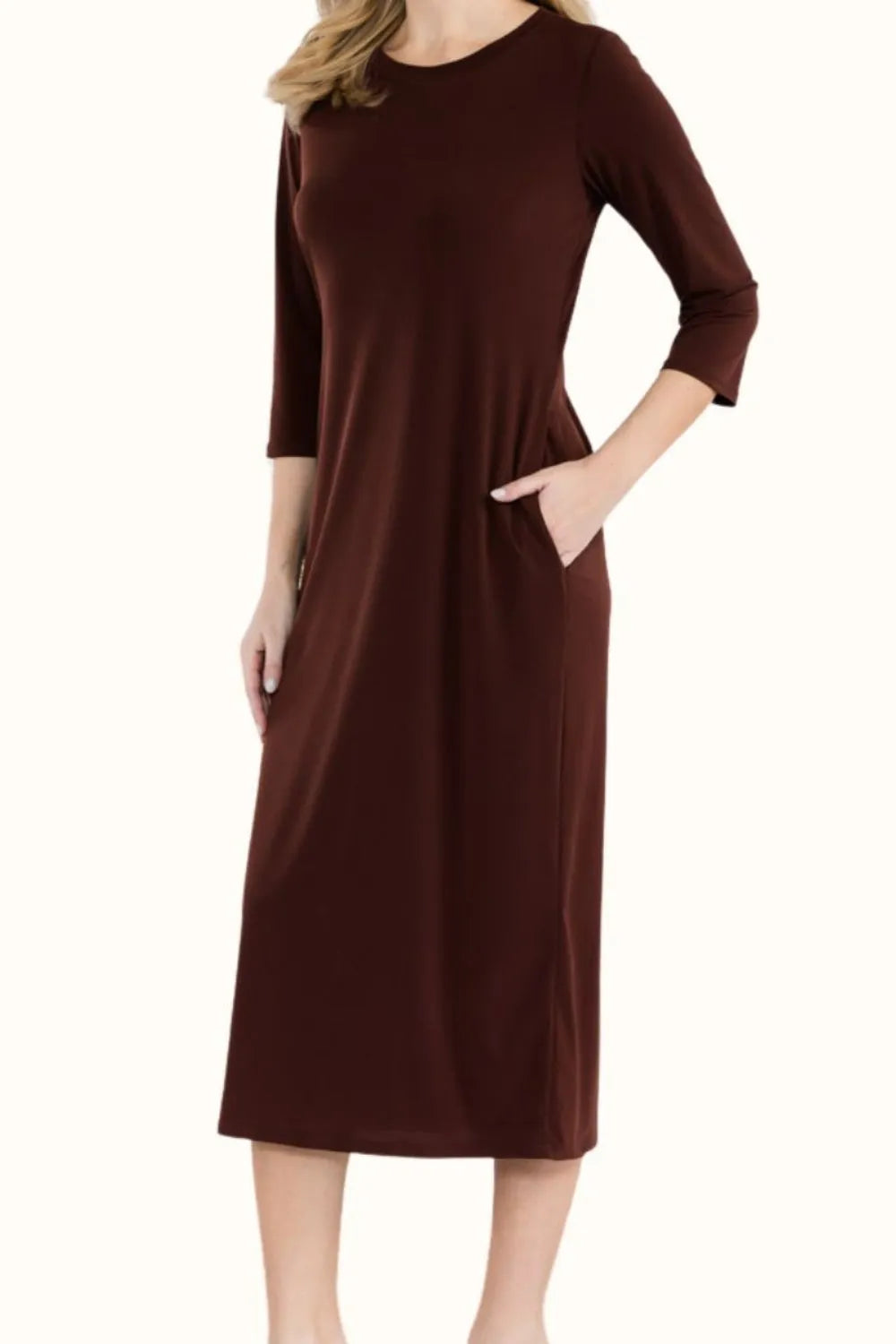 Celeste Full Size Round Neck Midi Dress Casual Dresses - Tophatter Daily Deals