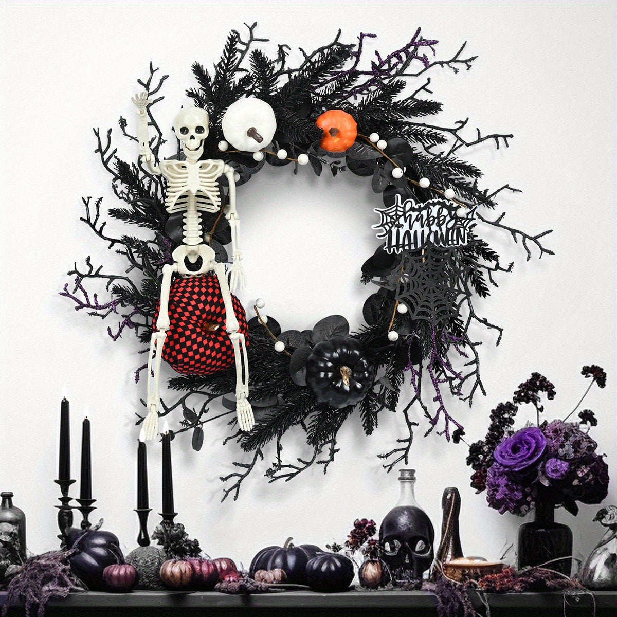 Halloween Skeleton Garland Wreath Wall Hanging Halloween - Tophatter Daily Deals