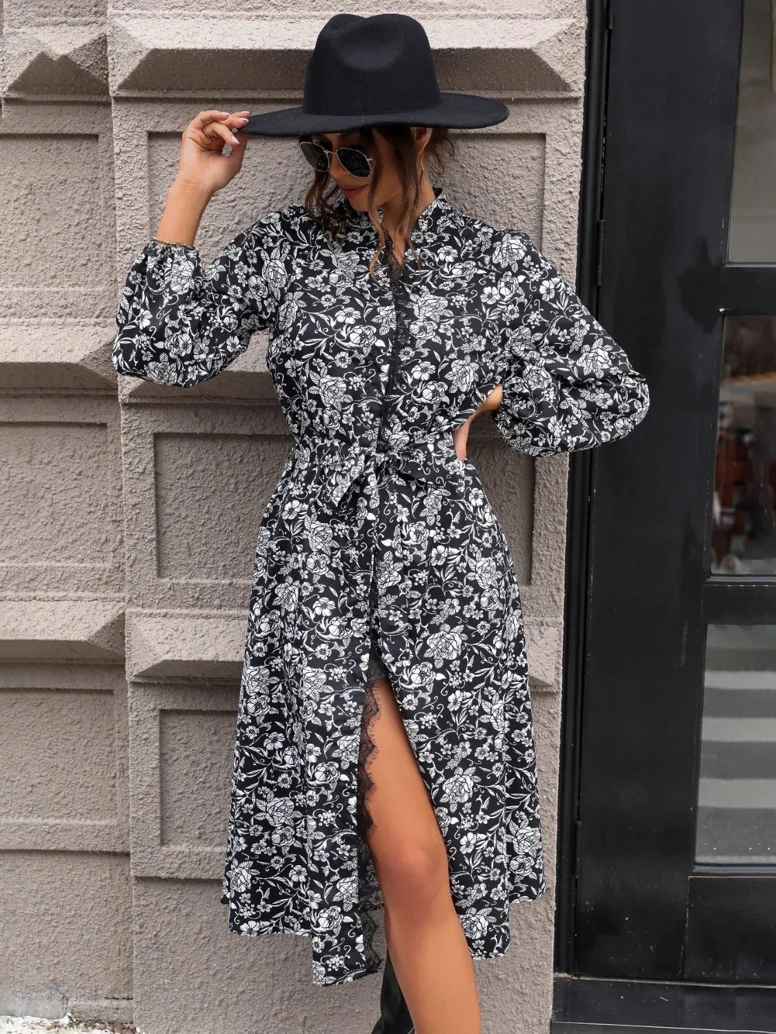 Lace Detail Printed Long Sleeve Midi Dress Casual Dresses - Tophatter Daily Deals