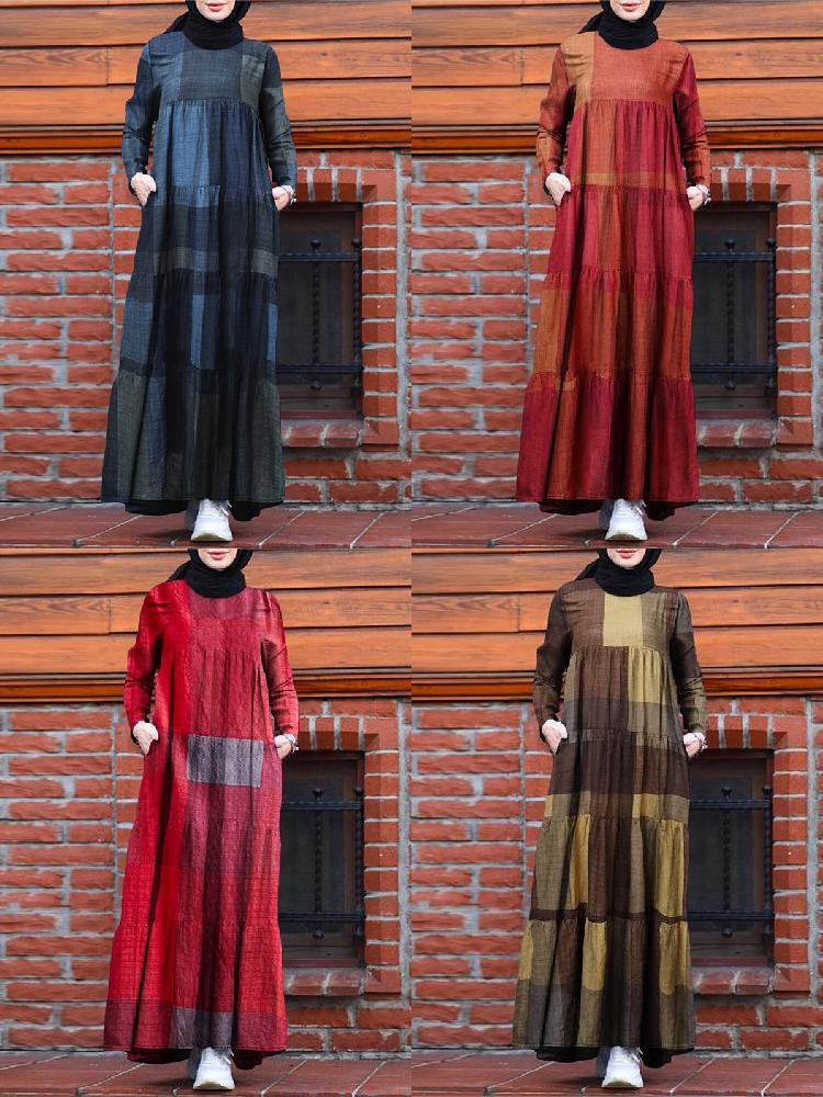Kaftan Tunic Plaid Print Back Zipper Long Sleeve Maxi Layered Women Maxi Dress Maxi Dresses - Tophatter Daily Deals