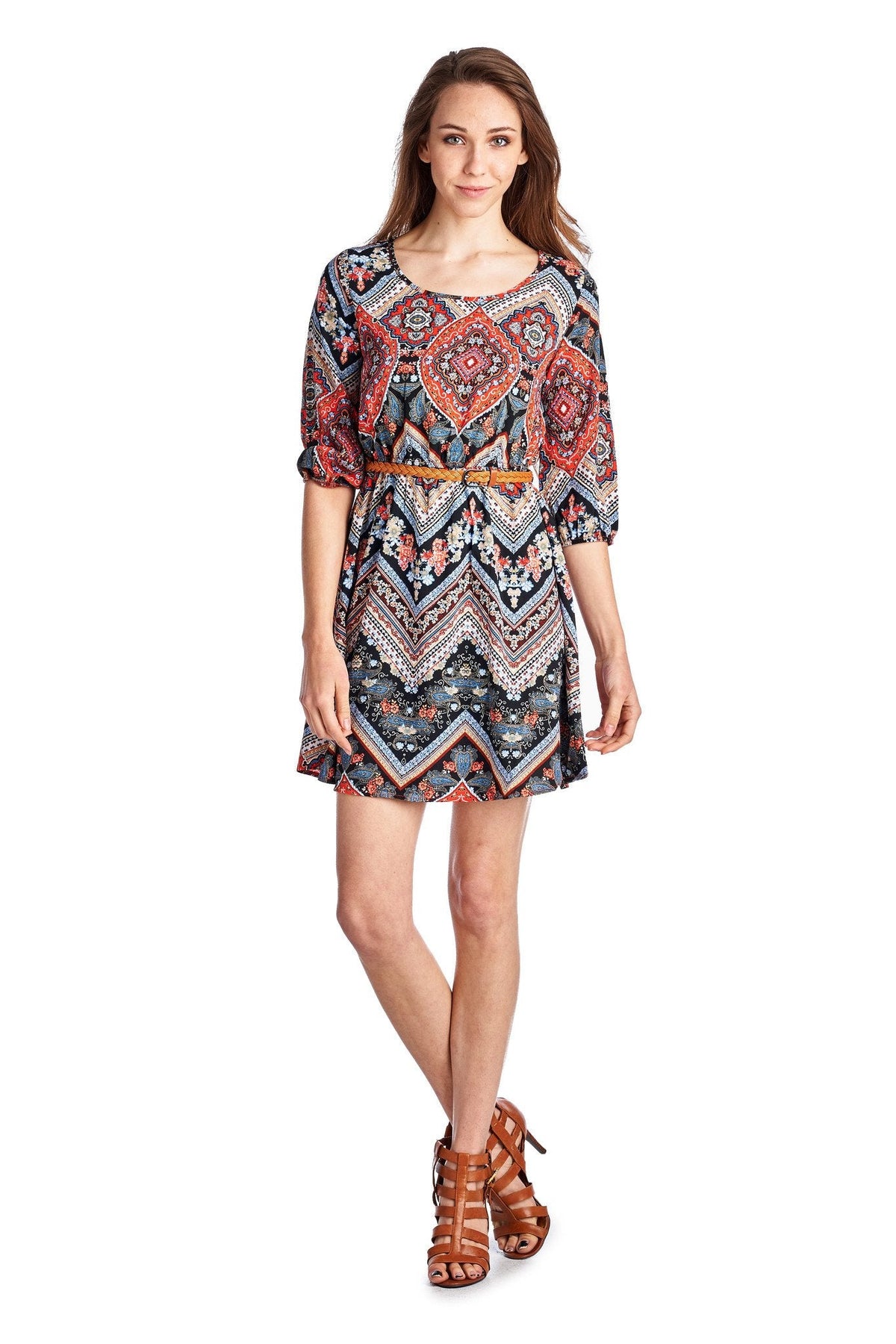 Women's Belted Tunic Dress Red Combo Dresses / Mini - Tophatter Daily Deals