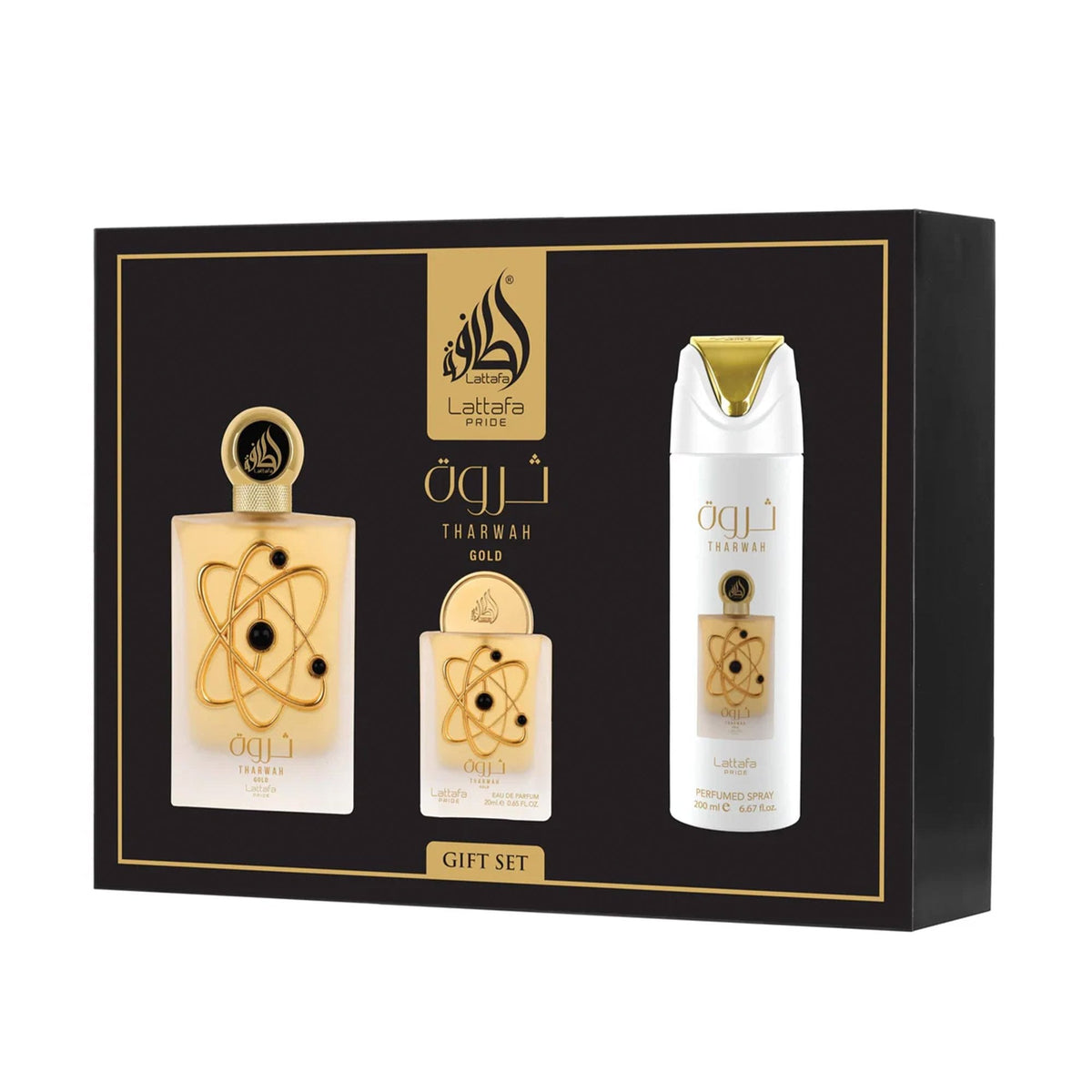 Lattafa Pride Tharwah Gold Eau De Parfum 100ml & Eau De Parfum 20ml, Body Spray 200ml Gift Set Default Title - Tophatter Daily Deals