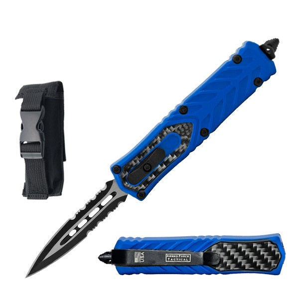 7" Dagger Point Serrated Blade Blue with Carbon Fiber Handle OTF Knife - TOPHATTER'S ARMORY DEALS Collectible Weapons - Tophatter Daily Deals