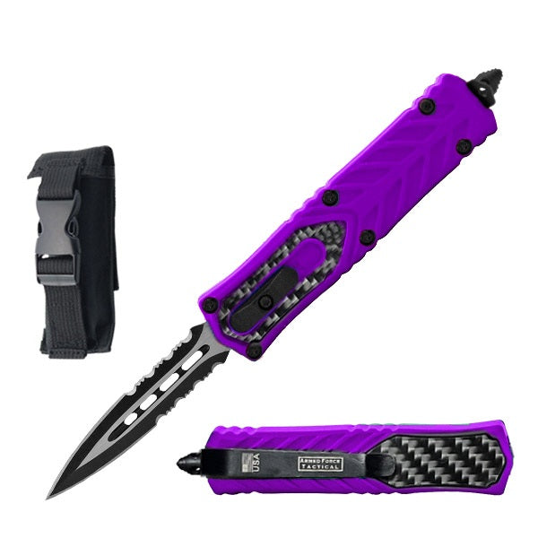 7" Dagger Point Serrated Blade Purple with Carbon Fiber Handle OTF Knife - TOPHATTER'S ARMORY DEALS Collectible Weapons - Tophatter Daily Deals