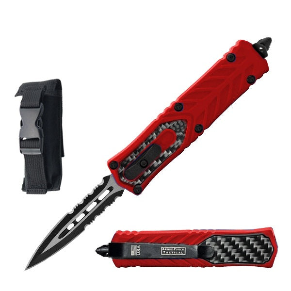 7" Dagger Point Serrated Blade Red with Carbon Fiber Handle OTF Knife - TOPHATTER'S ARMORY DEALS Collectible Weapons - Tophatter Daily Deals