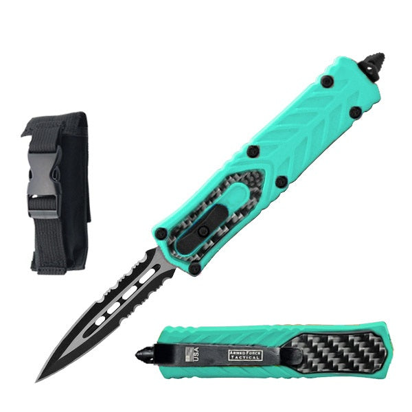 7" Dagger Point Serrated Blade Teal with Carbon Fiber Handle OTF Knife - TOPHATTER'S ARMORY DEALS Collectible Weapons - Tophatter Daily Deals
