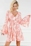 Smocked Printed Flare Sleeve Mini Dress Casual Dresses - Tophatter Daily Deals