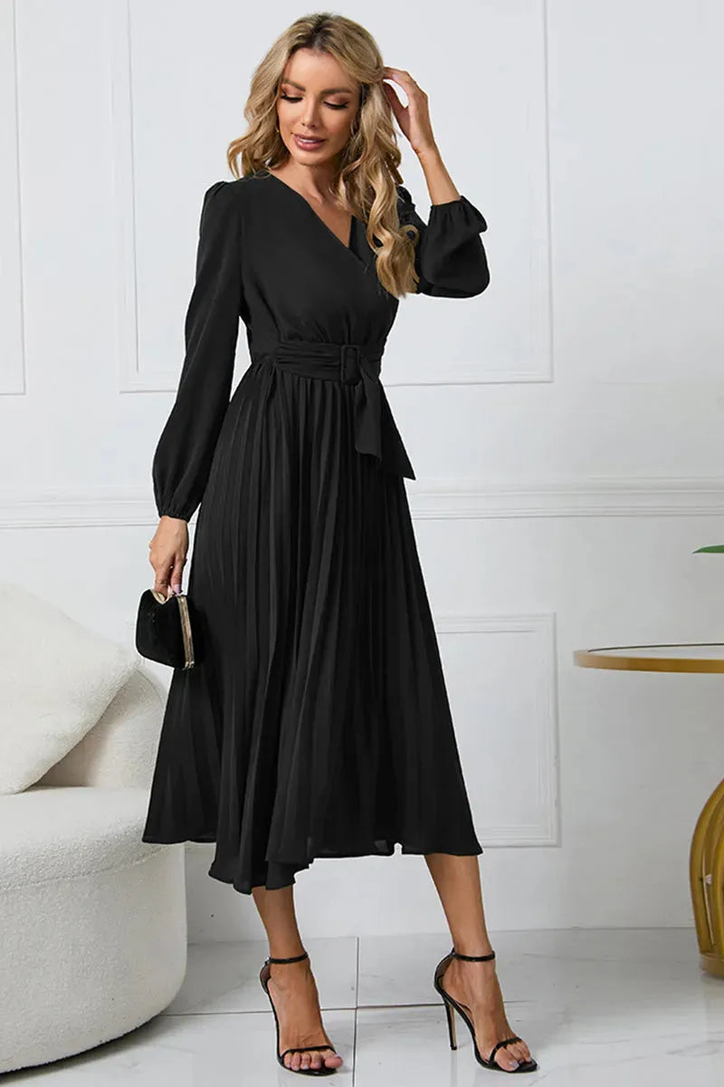 V-Neck Long Sleeve Tie Waist Midi Dress Black Casual Dresses - Tophatter Daily Deals