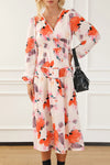 Printed V-Neck Balloon Sleeve Dress White Casual Dresses - Tophatter Daily Deals